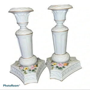 Left on white & gold candle holders